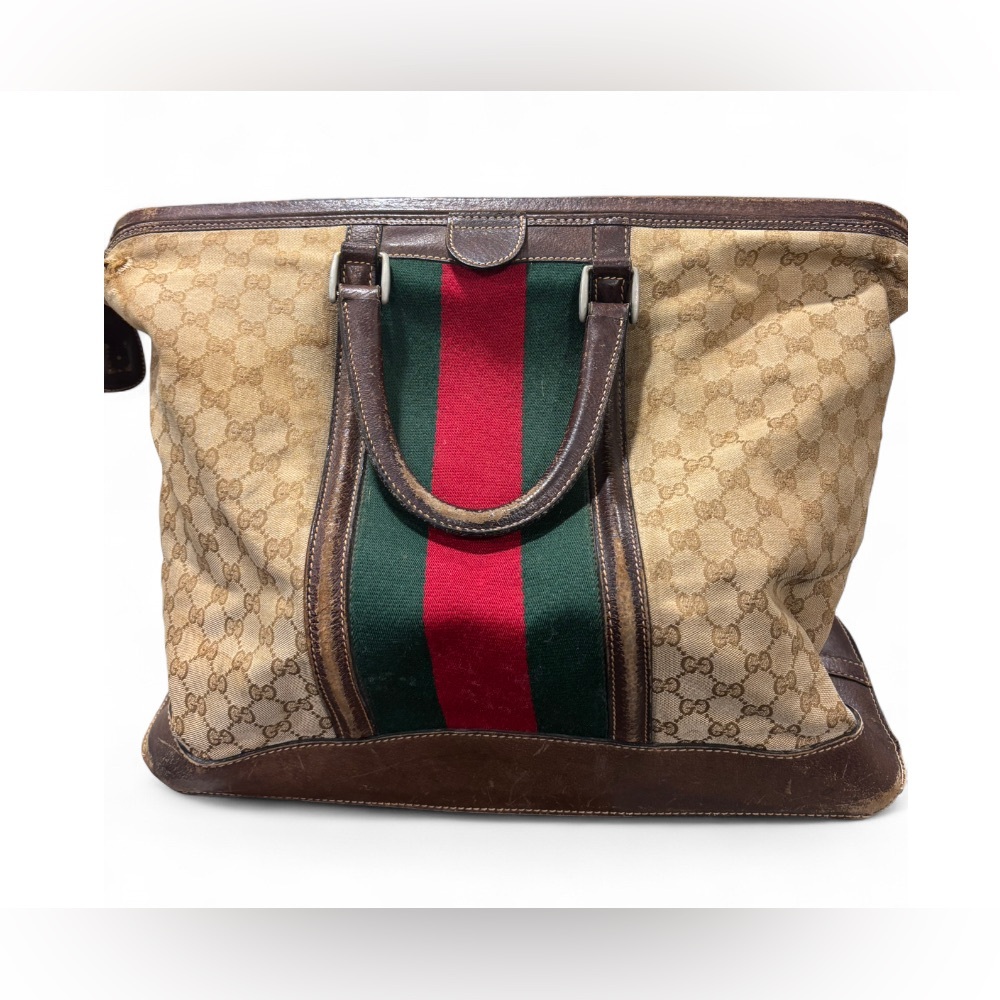 Gucci Beige and Brown Tote with Red and Green Stripe